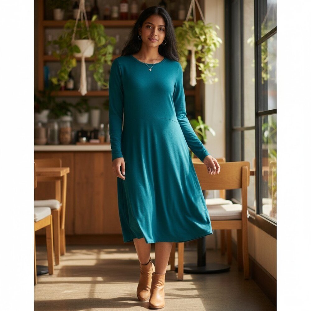 Eileen Fisher Teal Long Sleeve Crew Neck Knit Dress Small